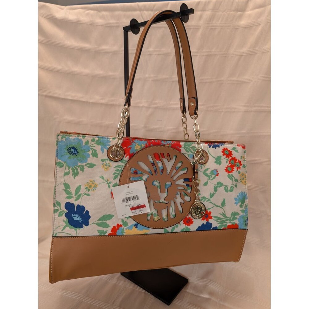 Anne Klein Floral Tote Bag Tan Faux Leather Accents & Chain Straps Lion Logo NWT